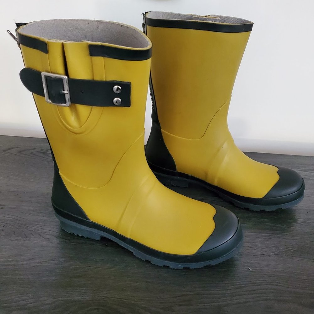 Nomad London Women's Rain Boots Yellow Black Size 9 Zippered Back Adjustable